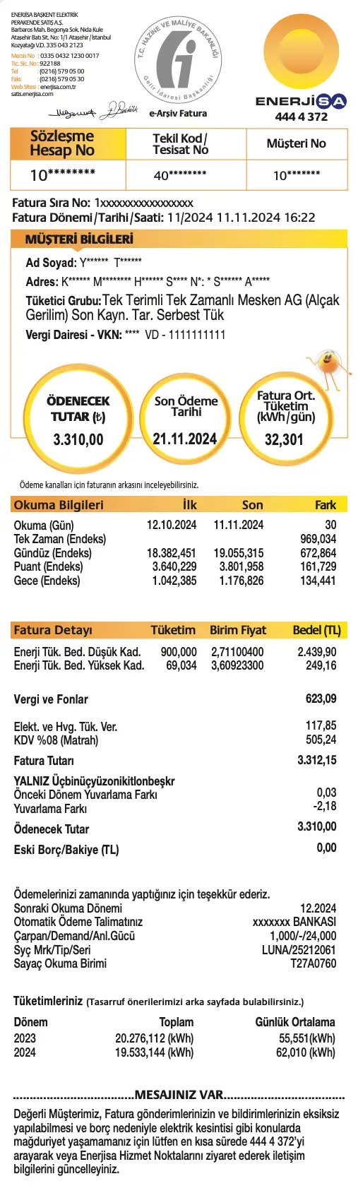 Elektrik faturası görseli